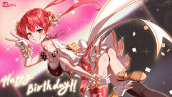 Rule 34 | 1girl, absurdres, ass, asymmetrical legwear, black panties, blush, boots, breasts, floating hair, gloves, grin, happy birthday, heart, heart tattoo, heterochromia, highres, hololive, hololive idol uniform, houshou marine, idol clothes, large breasts, long hair, looking at viewer, mismatched legwear, panties, red eyes, red hair, red thighhighs, shoulder tattoo, smile, solo, standing, standing on one leg, tattoo, thighhighs, underwear, virtual youtuber, white gloves, wuest, yellow eyes