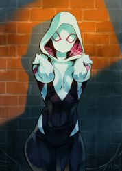 Rule 34 | 1girl, animification, bodysuit, breasts, brick wall, commentary, costume, covered face, gwen stacy, hood, hooded bodysuit, hoodie, looking at viewer, marvel, mask, medium breasts, optionaltypo, skin tight, solo, spider-gwen, spider-man: into the spider-verse, spider-man (series), spider-verse, thighs