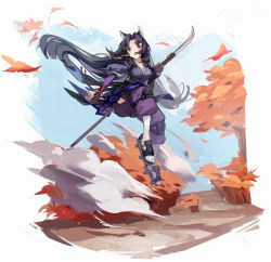 Rule 34 | 1girl, absurdres, animal ears, arknights, beads, black hair, blue kimono, blue sky, blush, breasts, commentary, dog ears, dog girl, dust, facial mark, falling leaves, fingerless gloves, floating hair, forehead mark, full body, geta, gloves, highres, hip vent, holding, holding weapon, huge filesize, japanese clothes, jumping, kimono, knee pads, leaf, long hair, looking at viewer, medium breasts, naginata, open mouth, pants, parted bangs, polearm, prayer beads, purple eyes, purple pants, saga (arknights), sky, solo, symbol-only commentary, tabi, tree, weapon, white legwear, wind, zuihou de miao pa si