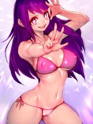 Rule 34 | 1girl, bare shoulders, bikini, blush, breasts, cleavage, covered erect nipples, crotchless, crotchless bikini, fumio (rsqkr), highres, hoshino ai (oshi no ko), large breasts, long hair, looking at viewer, multicolored hair, navel, oshi no ko, purple eyes, purple hair, pussy, side-tie bikini bottom, smile, solo, star-shaped pupils, star (symbol), star in eye, swimsuit, symbol-shaped pupils, symbol in eye, thighs