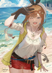 Rule 34 | 1girl, ;d, absurdres, ame tomonaga, arm up, atelier (series), atelier ryza, atelier ryza 1, beach, belt, belt buckle, beret, blue sky, bow, bracelet, breasts, brown belt, brown gloves, brown hair, buckle, cloud, collarbone, commentary request, cowboy shot, dated, day, detached sleeves, gloves, hair ornament, hairclip, hat, hat bow, highres, jacket, jewelry, leaning to the side, looking at viewer, medium breasts, midriff peek, navel, necklace, ocean, one eye closed, open clothes, open jacket, open mouth, outdoors, red shorts, reisalin stout, shirt, short hair, short shorts, shorts, signature, single glove, sky, sleeveless, sleeveless jacket, sleeveless shirt, smile, solo, star (symbol), star necklace, sunlight, teeth, upper teeth only, vial, white hat, white shirt, white sleeves, yellow jacket