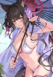 Rule 34 | 1girl, animal ears, bare shoulders, bead bracelet, beads, bikini, black hair, blue archive, blush, bracelet, breasts, cleavage, collarbone, colored inner hair, duplicate, eyeliner, flower, fox ears, fox girl, fox tail, grin, hair flower, hair ornament, halo, highres, hizuki higure, jewelry, large breasts, long hair, looking at viewer, low twintails, makeup, multicolored hair, navel, official alternate costume, oil-paper umbrella, red hair, sideboob, smile, solo, stomach, swimsuit, tail, thighs, twintails, umbrella, wakamo (blue archive), wakamo (swimsuit) (blue archive), wet, white bikini, yellow eyes