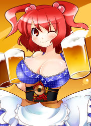 Rule 34 | 1girl, alcohol, beer, breasts, cleavage, female focus, hair bobbles, hair ornament, large breasts, one eye closed, onozuka komachi, red eyes, red hair, short hair, solo, takamoto akisa, touhou, twintails, two side up, wink
