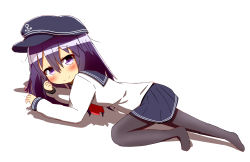 Rule 34 | 1girl, absurdres, akatsuki (kancolle), anchor symbol, black hat, black pantyhose, black skirt, closed mouth, commentary request, dutch angle, flat cap, full body, hair between eyes, hat, highres, idaten93, kantai collection, long sleeves, looking at viewer, looking away, neckerchief, no shoes, pantyhose, pleated skirt, purple eyes, purple hair, red neckerchief, school uniform, serafuku, shirt, simple background, skirt, sleeves past wrists, smile, solo, white background, white shirt