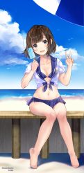 Rule 34 | 1girl, animal, artist name, barefoot, beach, beach umbrella, bikini, bikini top only, bird, blue bikini, blue skirt, blue sky, blush, breasts, brown eyes, brown hair, cleavage, cloud, cloudy sky, collarbone, crop top, day, feet, flying, food, front-tie top, groin, hand up, hanekoto, highres, holding, knees together feet apart, looking at viewer, microskirt, navel, ocean, original, outdoors, pleated skirt, popsicle, shirt, short hair, sitting, skirt, sky, small breasts, smile, solo, swimsuit, twitter username, umbrella, v, water, white shirt
