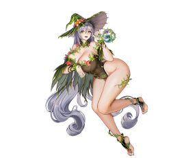 Rule 34 | 1girl, :p, @ @, absurdly long hair, ass, black leotard, bodypaint, breasts, circe (last origin), cleavage, collar, collarbone, covered navel, detached collar, feet, flower, flower bikini, full body, game cg, green collar, green eyes, green footwear, green nails, green wristband, grey hair, groin, hair between eyes, hat, highleg, highleg leotard, highres, huge breasts, last origin, leaf, leotard, long hair, looking at viewer, nail polish, official alternate costume, official art, open mouth, plant, potion, purple flower, red flower, solo, straddling, tachi-e, taesi, thighs, toeless footwear, tongue, tongue out, transparent background, very long hair, vines, witch, witch hat, wristband