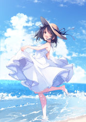 Rule 34 | 1girl, barefoot, beach, black hair, blue sky, blush, brown eyes, cloud, cloudy sky, d:, day, dress, feet in water, floating hair, from side, full body, hair between eyes, hat, looking at viewer, looking back, open clothes, open dress, open mouth, original, outdoors, sky, solo, splashing, standing, standing on one leg, sun hat, sundress, tareme, u35, wading, white dress
