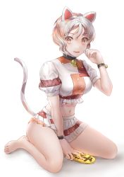 Rule 34 | 1girl, absurdres, animal ears, bare legs, barefoot, bell, bracelet, breasts, calico, cat ears, cat girl, cat tail, coin, crop top, fang, full body, gold, goutokuji mike, highres, jewelry, jingle bell, koban (gold), maneki-neko, medium breasts, midriff, miniskirt, multicolored clothes, multicolored hair, multicolored shirt, multicolored skirt, multicolored tail, navel, neck bell, open mouth, orange eyes, patch, pleated skirt, puffy short sleeves, puffy sleeves, short hair, short sleeves, skirt, stomach, streaked hair, tabiji (tabiji s), tail, touhou, wavy hair, white hair
