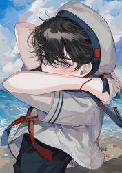 Rule 34 | 1boy, beach, black shirt, blue sky, child, cloud, commentary request, covered mouth, covering own mouth, day, hands up, hat, highres, horizon, looking at viewer, male focus, ocean, original, outdoors, ponn mame, sailor hat, sand, shirt, sky, solo, water, white hat