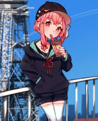 Rule 34 | 1girl, absurdres, bad id, bad pixiv id, badge, baseball cap, black headwear, black hoodie, blurry, blurry background, bubble tea, cio hakatano, cityscape, commentary request, cowboy shot, cup, drinking, drinking straw, hair tie, handrail, hat, highres, holding, holding cup, hood, hoodie, kotonoha akane, leaning back, medium hair, pink eyes, pink hair, shorts, thighhighs, tower, voiceroid, white thighhighs