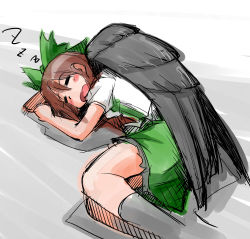 Rule 34 | 1girl, absurdres, bow, brown hair, commentary request, hair bow, highres, long hair, reiuji utsuho, shinapuu, sleeping, solo, touhou, wings