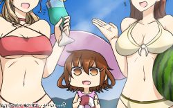 Rule 34 | +++, 3girls, adapted costume, bikini, breast envy, breasts, brown eyes, brown hair, collarbone, commentary, cup, day, drink, drinking glass, empty eyes, fang, hair between eyes, hamu koutarou, hat, highres, ikazuchi (kancolle), kantai collection, large breasts, littorio (kancolle), long hair, multiple girls, ooi (kancolle), open mouth, pink hat, short hair, swimsuit