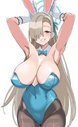 Rule 34 | 1girl, absurdres, animal ears, armpits, arms behind head, asuna (blue archive), asuna (bunny) (blue archive), asymmetrical bangs, bare shoulders, blue archive, blue bow, blue bowtie, blue eyes, blue leotard, blue ribbon, bow, bowtie, breasts, brown pantyhose, commentary request, covered navel, curvy, detached collar, fake animal ears, gloves, grin, hair over one eye, hair ribbon, halo, highleg, highleg leotard, highres, hong hongcha, huge breasts, leotard, light brown hair, long hair, looking at viewer, mole, mole on breast, official alternate costume, pantyhose, partial commentary, paw pose, playboy bunny, rabbit ears, rabbit pose, ribbon, simple background, smile, solo, strapless, strapless leotard, thighband pantyhose, traditional bowtie, very long hair, white background, white gloves