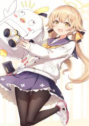 Rule 34 | 1girl, bag, black pantyhose, blonde hair, blue archive, blue skirt, blush, bullpup, closed mouth, eyebrows, gun, hair between eyes, hair ribbon, halo, hifumi (blue archive), highres, light brown hair, long hair, looking at viewer, low twintails, open mouth, pantyhose, peroro (blue archive), pleated skirt, ribbon, sakura ani, school uniform, shoes, simple background, skirt, twintails, weapon, yellow eyes