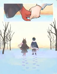 Rule 34 | 10s, 1boy, 1girl, bandages, bandaged foot, bandages, black cloak, black footwear, black hair, blue capelet, bomhat, capelet, child, cloak, colored skin, comic, commentary, couple, crown, darling in the franxx, english commentary, footprints, from behind, fur, fur capelet, fur trim, grey pants, holding hands, hetero, highres, hiro (darling in the franxx), hood, hood up, hooded cloak, horns, long hair, oni horns, pants, parka, pink hair, prince, red horns, red skin, short hair, snow, tree, zero two (darling in the franxx)
