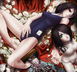 Rule 34 | 10s, 1girl, another, bad id, barefoot, black hair, blood, broken glass, doll, eyepatch, face, feet, flower, glass, green eyes, highres, lips, lying, misaki mei, on back, one-piece swimsuit, petals, plant, rail (silverbow), red eyes, rose, school swimsuit, short hair, solo, swimsuit, thorns, vines, white flower, white rose