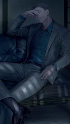 Rule 34 | 1boy, bad id, bad twitter id, belt buckle, black footwear, blonde hair, blue shirt, buckle, buttoned cuffs, buttons, closed eyes, closed mouth, collared shirt, couch, dress shirt, expressionless, foot out of frame, formal, hand on own face, head tilt, highres, indoors, jujutsu kaisen, kuro (grf), long sleeves, male focus, nanami kento, no eyewear, oxfords, shirt, shirt tucked in, short hair, sitting, solo, suit, veins, watch, wristwatch