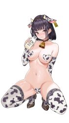 Rule 34 | 1girl, animal ears, animal print, bell, black hair, blush, bob cut, bottle, breasts, cow ears, cow girl, cow print, cowbell, elbow sleeve, embarrassed, fake animal ears, full body, goddess of victory: nikke, heart pasties, high-waist shorts, highres, holding, holding bottle, horns, large breasts, milk, milk (nikke), milkwerk, navel, pasties, price tag, short hair, short shorts, shorts, simple background, skindentation, tail, thighhighs, thighs, white background, yellow eyes