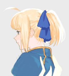 Rule 34 | 1girl, ahoge, alternate hairstyle, artoria pendragon (all), artoria pendragon (fate), blonde hair, blue dress, dress, expressionless, fate/stay night, fate (series), from behind, from side, green eyes, hal (haaaalhal), highres, saber (fate), short ponytail, sidelocks, signature, solo, upper body