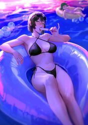 Rule 34 | 2girls, absurdres, bikini, black bikini, black hair, breasts, breasts apart, commentary, criss-cross halter, english commentary, eyewear on head, fellatio gesture, female focus, food, fubuki (one-punch man), green eyes, green hair, halterneck, highleg, highleg bikini, highres, holding, holding food, holding ice cream, ice cream, ice cream bar, innertube, large breasts, limart, looking at viewer, multiple girls, navel, ocean, one-punch man, pink bikini, sexually suggestive, short hair, siblings, side-tie bikini bottom, sisters, sunglasses, swim ring, swimsuit, tatsumaki