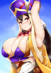 Rule 34 | 1girl, arm up, armpits, black hair, breasts, cleavage, earrings, fate/grand order, fate (series), highres, hoop earrings, huge breasts, jewelry, long hair, mizuyan, red eyes, shiny skin, smell, smile, solo, sweat, type-moon, xuangzang sanzang (fate)