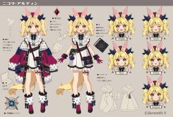 Rule 34 | 1girl, :d, ^ ^, animal ear fluff, animal ears, ardin nicola, blonde hair, blush, book, boots, closed eyes, closed mouth, commentary request, dress, closed eyes, frilled dress, frills, gloves, grey background, hat, highres, indie virtual youtuber, jacket, mamyouda, multiple views, off shoulder, open clothes, open jacket, open mouth, purple eyes, red footwear, red gloves, red headwear, red jacket, simple background, sleeveless, sleeveless dress, smile, twintails, twitter username, virtual youtuber, white dress
