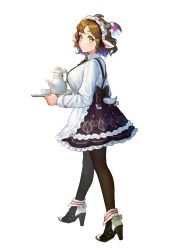 Rule 34 | 1girl, animal ears, bad id, bad pixiv id, black pantyhose, bow, breasts, brk, brown hair, cup, flower, goat ears, green eyes, holding, holding tray, horns, large breasts, looking at viewer, maid, maid headdress, original, pantyhose, short hair, simple background, smile, solo, tail, teacup, teapot, tears, tray, wavy hair, white background, white bow