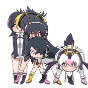 Rule 34 | 5girls, :d, animated, bent over, black hair, blonde hair, choo choo train, commentary, dancing, drawstring, emperor penguin (kemono friends), facing viewer, gentoo penguin (kemono friends), hands on own hips, headphones, hood, hoodie, humboldt penguin (kemono friends), kemono friends, kneehighs, legs apart, leotard, long hair, looking at viewer, looping animation, multicolored hair, multiple girls, open mouth, penguin tail, penguins performance project (kemono friends), pink hair, red eyes, red hair, rockhopper penguin (kemono friends), royal penguin (kemono friends), short hair, simple background, smile, socks, streaked hair, tail, taro (tontaro), video, white background, white hair, white legwear, yellow eyes