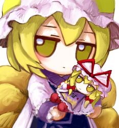Rule 34 | 1girl, blonde hair, blue tabard, blush, character doll, chibi, closed mouth, commentary, doll, dress, fox tail, fumo (doll), hat, highres, holding, holding doll, jitome, looking at viewer, mob cap, multiple tails, solo, symbol-only commentary, tabard, tail, touhou, upper body, white dress, white hat, yakumo ran, yakumo yukari, yakumora n, yellow eyes