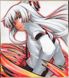 Rule 34 | 1girl, bad id, bad pixiv id, bow, face, female focus, fire, fujiwara no mokou, hair bow, hands in pockets, long hair, long sleeves, looking back, red eyes, shikishi, smile, smirk, solo, suspenders, touhou, traditional media, uousa-ou, white hair