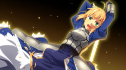 Rule 34 | 1girl, ahoge, armor, armored dress, artoria pendragon (fate), bad id, bad pixiv id, blonde hair, breastplate, excalibur (fate/stay night), fate/stay night, fate (series), green eyes, kinta (distortion), open mouth, saber (fate), solo, sword, weapon