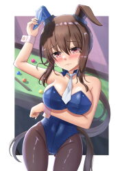 Rule 34 | 1girl, admire vega (umamusume), alternate costume, animal ears, arm up, black hair, breasts, cleavage, closed mouth, commentary request, covered navel, frown, groin, hair between eyes, highres, horse girl, large breasts, long hair, looking at viewer, necktie, pantyhose, pillar, ponytail, pool table, purple eyes, rio (lio yuzu), solo, table, umamusume