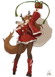 Rule 34 | 1girl, :d, antlers, arm up, bell, belt, boots, brown eyes, brown hair, brown pantyhose, christmas, dress, full body, fur trim, gift, hair between eyes, hand up, hat, horns, jacket, jingle bell, knee boots, lansane, long hair, long sleeves, looking at viewer, open mouth, original, pantyhose, pom pom (cheerleading), red dress, red footwear, red jacket, sack, santa costume, santa hat, signature, smile, solo, standing, tail, tsana (lansane), wolf tail, wristband