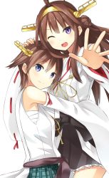 Rule 34 | 10s, 2girls, bad id, bad pixiv id, blue eyes, brown hair, cafe choco, detached sleeves, hairband, hiei (kancolle), hug, japanese clothes, kantai collection, kongou (kancolle), long hair, multiple girls, nontraditional miko, one eye closed, outstretched hand, ribbon-trimmed sleeves, ribbon trim, sarashi, short hair, siblings, smile