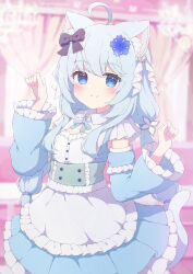 Rule 34 | 1girl, ahoge, animal ear fluff, animal ear piercing, animal ears, black bow, blue dress, blue eyes, blue hair, blue sleeves, blurry, blurry background, blush, bow, cat ears, cat girl, cat tail, cleavage cutout, closed mouth, clothing cutout, commission, depth of field, detached sleeves, dress, flat chest, hair bow, hands up, highres, indoors, long hair, long sleeves, low twintails, original, skeb commission, smile, solo, tail, twintails, tyakomes, variant set