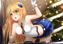 Rule 34 | 1girl, against glass, arc system works, bare shoulders, bent over, black thighhighs, blazblue, blonde hair, blouse, blush, breast press, breasts, christmas, gloves, green eyes, hair between eyes, hair ornament, healther, indoors, leaning, leaning forward, long hair, miniskirt, necktie, noel vermillion, open mouth, shirt, skirt, sleeveless, sleeveless shirt, snow, snowing, solo, thighhighs, tree, very long hair, white shirt, window