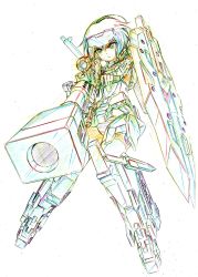 Rule 34 | 1girl, aiming, color trace, colored pencil (medium), commentary request, elbow gloves, frame arms girl, gloves, goggles, goggles on head, gourai, gun, headgear, highres, knife, kumichou (ef65-1118-ef81-95), mecha musume, panties, rifle, shield, short hair, shoulder cannon, sketch, sniper rifle, solo, striped clothes, striped panties, thighhighs, traditional media, underwear, weapon, white background