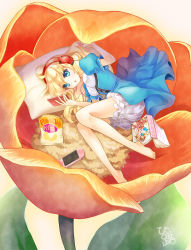 Rule 34 | 1girl, barefoot, blonde hair, bloomers, blue eyes, chips (food), dress, flower, food, framed breasts, handheld game console, headphones, heerofavo, highres, legs, long hair, lying, manga (object), mini person, minigirl, on side, original, pillow, playstation portable, potato chips, short sleeves, solo, underwear