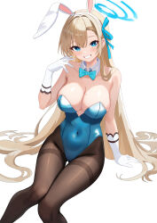 Rule 34 | 1girl, absurdres, alternate hairstyle, animal ears, arm support, asuna (blue archive), asuna (bunny) (blue archive), asymmetrical bangs, baozi 9527, bare shoulders, blue archive, blue bow, blue bowtie, blue eyes, blue leotard, blush, bow, bowtie, breasts, cleavage, collarbone, covered navel, detached collar, elbow gloves, fake animal ears, feet out of frame, gloves, gluteal fold, grin, halo, highleg, highleg leotard, highres, invisible chair, knees together feet apart, large breasts, leotard, light brown hair, long hair, looking at viewer, mole, mole on breast, official alternate costume, pantyhose, playboy bunny, rabbit ears, simple background, sitting, smile, solo, strapless, strapless leotard, thigh gap, thighband pantyhose, traditional bowtie, very long hair, white background, white gloves