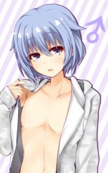 Rule 34 | 1boy, armpit crease, blue eyes, blue hair, blush, collarbone, commentary request, eyes visible through hair, grey jacket, hair between eyes, hand up, head tilt, highres, hood, hood down, hooded jacket, jacket, jacket tug, kyouno komatsu, looking at viewer, mars symbol, midriff, naked jacket, navel, no nipples, open clothes, open jacket, open mouth, presenting, riddle joker, short hair, sleeves past wrists, solo, suou kyouhei, trap, upper body, upturned eyes