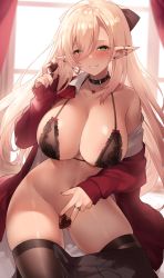 Rule 34 | 1girl, black bra, black collar, black skirt, black thighhighs, blonde hair, bra, breasts, candy, chocolate, chocolate heart, clothes pull, collar, covering privates, covering crotch, elf, eyes visible through hair, fingernails, food, green eyes, hair between eyes, heart, heart necklace, highres, jewelry, large breasts, long hair, long sleeves, necklace, original, parted lips, pointy ears, red sweater, ring, skirt, skirt pull, smile, solo, sora 72-iro, sweater, thighhighs, underwear