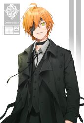 Rule 34 | 1boy, arms at sides, black choker, black coat, black jacket, black ribbon, buttons, chimachi, choker, coat, collared shirt, commission, dress shirt, eyepatch, green eyes, highres, jacket, looking at viewer, male focus, neck ribbon, open clothes, open coat, open jacket, orange hair, original, parted lips, ribbon, shirt, short hair, skeb commission, solo, twitter username, upper body, waistcoat, white background, white shirt
