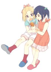 Rule 34 | 2girls, :o, aged down, bangs pinned back, blonde hair, blue eyes, blue hair, bow, bread, brown eyes, female focus, flip flappers, food, hair bobbles, hair bow, hair ornament, holding, holding food, holding own arm, invisible chair, keiya, kokomine cocona, multiple girls, open mouth, overalls, ponytail, red bow, red legwear, short hair, simple background, sitting, slippers, socks, twintails, white background, yayaka