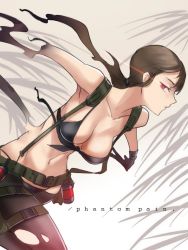 Rule 34 | 1girl, armpits, ban! (bansankan), belt, bikini, bikini top only, breasts, cleavage, gloves, holster, medium breasts, metal gear (series), metal gear solid v: the phantom pain, navel, pantyhose, ponytail, quiet (metal gear), solo, stealth, strap, strap gap, swimsuit, torn clothes, torn pantyhose, utility belt