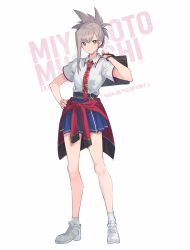 Rule 34 | 1girl, alternate costume, asymmetrical hair, bag, bead bracelet, beads, bracelet, carrying bag, clothes around waist, cross-laced footwear, fate/grand order, fate (series), green eyes, grey hair, hand on own hip, jacket, jacket around waist, jewelry, miyamoto musashi (fate), nagu, necktie, patterned clothing, school uniform, simple background, skirt, solo, white background, white footwear, white legwear