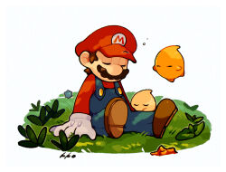 Rule 34 | 1boy, big nose, blue overalls, brown footwear, brown hair, buttons, cabbie hat, closed eyes, commentary request, facial hair, full body, gloves, grass, hat, kakao (kakao san9), long sleeves, luma (mario), male focus, mario, mario (series), mustache, nintendo, overalls, red hat, red shirt, red sleeves, shirt, shoes, short hair, signature, simple background, sitting, sleeping, solo, squeans, star bit, super mario galaxy, white background, white gloves