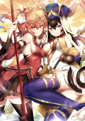 Rule 34 | &gt;:), 2girls, absurdres, ahoge, alternate costume, bare shoulders, barefoot, black hair, black legwear, blue thighhighs, breasts, circlet, cleavage, covered erect nipples, detached sleeves, fate/grand order, fate (series), flower, from side, fujimaru ritsuka (female), fujimaru ritsuka (female) (the three great heroes), gourd, hair between eyes, hair flower, hair ornament, hat, highres, huge filesize, jewelry, journey to the west, large breasts, leg up, long hair, looking at viewer, medium breasts, multiple girls, necklace, official alternate costume, orange eyes, orange hair, outdoors, parted lips, polearm, purple eyes, sash, shanyao jiang tororo, sideboob, skirt, smile, staff, sun wukong, thighhighs, two side up, underboob, v-shaped eyebrows, very long hair, weapon, wide sleeves, xuangzang sanzang (fate)