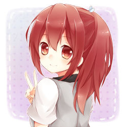 Rule 34 | 10s, 1girl, bad id, bad pixiv id, blush, free!, from behind, long hair, looking at viewer, looking back, matsuoka gou, ponytail, red eyes, red hair, school uniform, smile, solo, takomaru, v