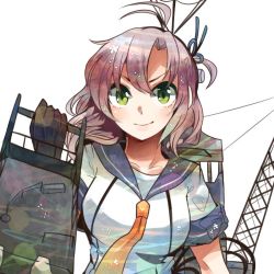 Rule 34 | 10s, 1girl, antenna hair, bad id, bad twitter id, black gloves, blouse, blue bow, bow, breasts, cannon, closed mouth, collarbone, eyebrows, gloves, green eyes, hair ornament, hand up, holding, itomugi-kun, kantai collection, kinugasa (kancolle), kinugasa kai ni (kancolle), long hair, looking at viewer, medium breasts, necktie, purple hair, school uniform, serafuku, shirt, short sleeves, simple background, smile, solo, turret, upper body, white background, yellow necktie