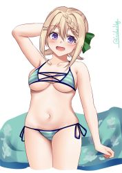 Rule 34 | 1girl, bikini, blonde hair, bow, breasts, cleavage, cropped legs, cross-laced bikini, cross-laced clothes, green bow, hair between eyes, hair bow, hair ornament, hairclip, highres, ishida arata, kantai collection, looking at viewer, medium breasts, navel, official alternate costume, perth (kancolle), purple eyes, side-tie bikini bottom, smile, solo, striped bikini, striped clothes, swimsuit, twitter username, underboob